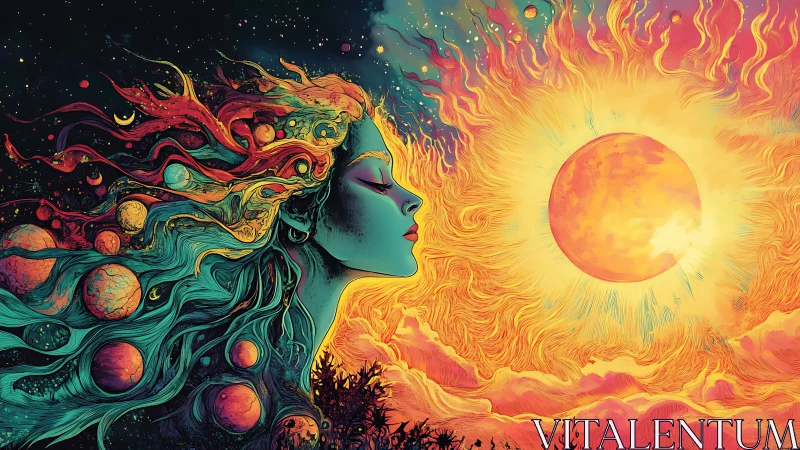 Solar goddess profile with cosmic hair confronting radiant sun