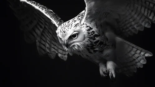 Majestic Owl in Flight, Dramatic Black and White Wildlife Portrait.