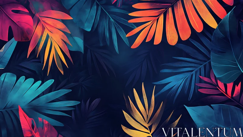 Neon jungle foliage framing deep midnight space.