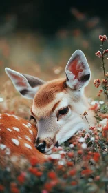 Gentle fawn resting softly among wildflower daydreams.