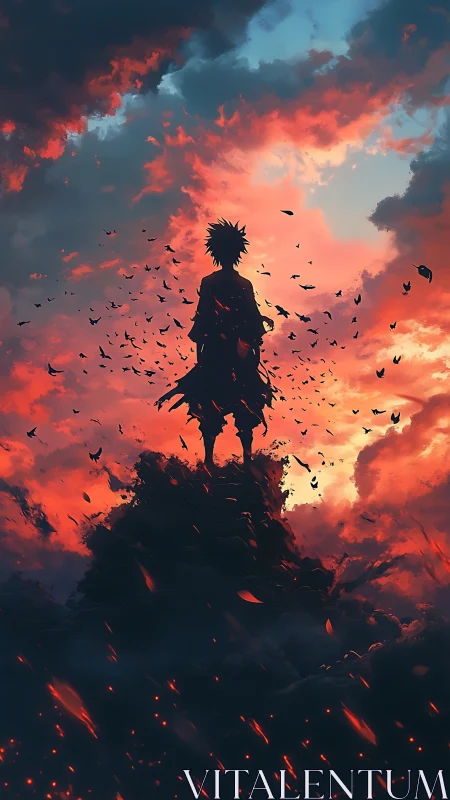Silhouetted warrior ascends through burning twilight sky.
