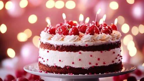 Layered Birthday Cake with Red Berries and Candles.