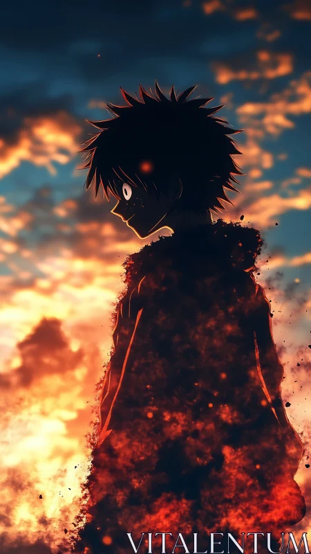 Silhouetted anime hero burns against a blazing sunset sky