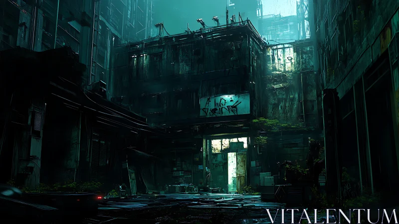 Derelict cyberpunk courtyard with teal volumetric backlight.