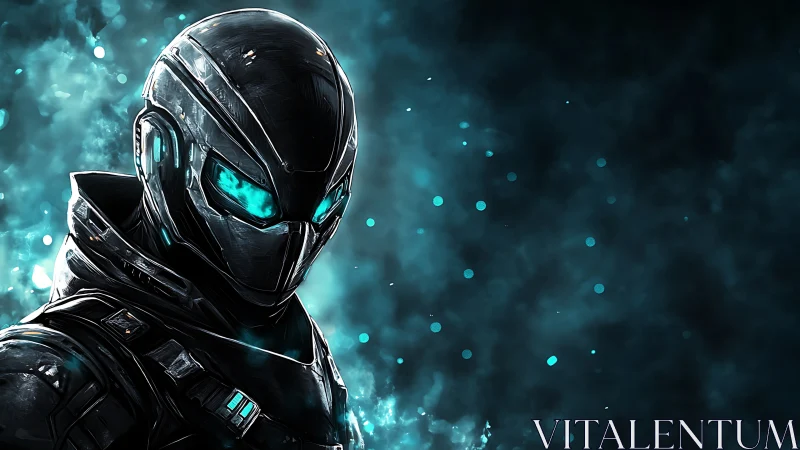 Armored sci fi soldier with glowing cyan visor stands ready
