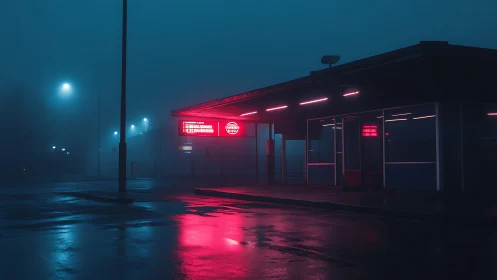Neon-lit roadside diner in cinematic nocturnal perspective.