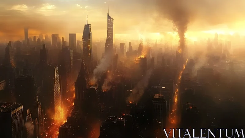 Burning megacity skyline under toxic golden haze.