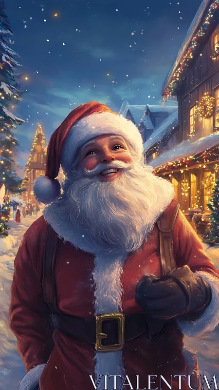 Smiling Santa Claus on snowy village street at night.