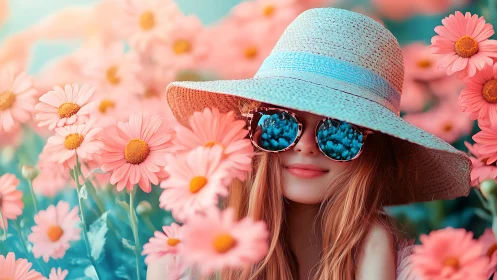 Figure with Straw Hat and Sunglasses Among Pink Daisies.