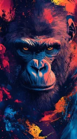 Intense gorilla portrait emerges from neon paint splashes.