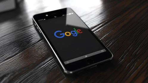 Smartphone displaying Google logo on wooden surface with shallow depth of field