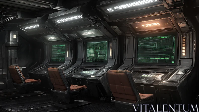 Quiet starship control room glowing with soft green data.