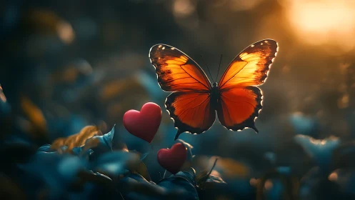 Orange butterfly hovers above heart shapes at sunset