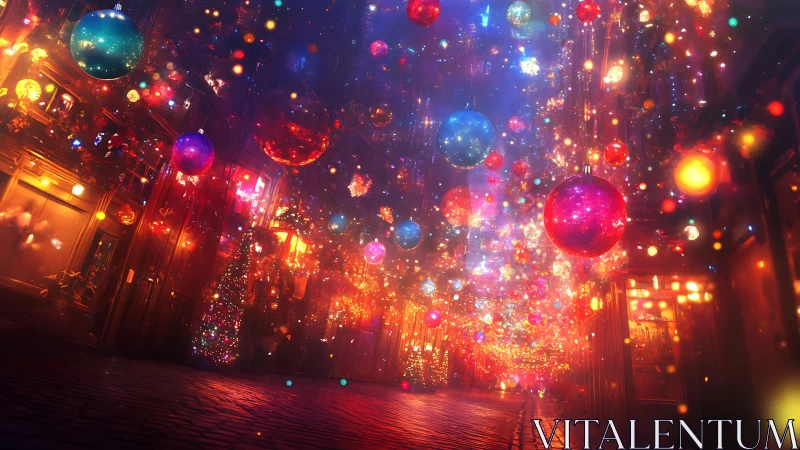 Festive city alley glowing with floating holiday lights.