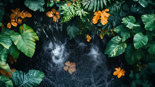 Golden jungle leaves orbit a hidden midnight pool in motion