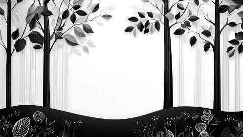 Monochrome Forest Silhouettes with Intricate Foliage Design.