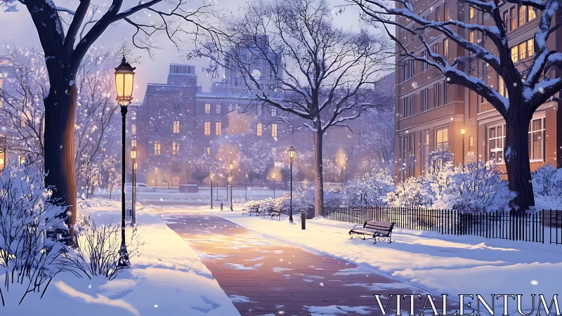 Snowy city park path under warm lamplight at dusk.