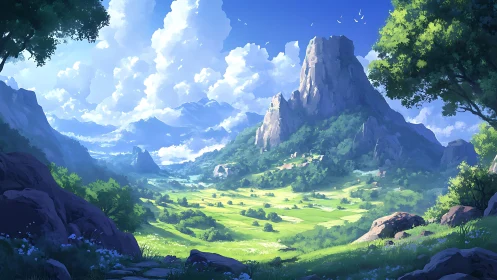 Sunlit valley with monolithic peak under high cumulus buildup