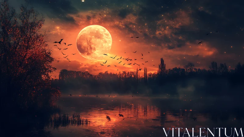 Blood moon over misty lake with silhouetted autumn trees.