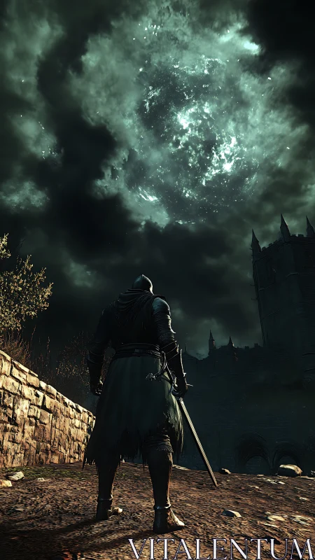 Armored wanderer confronts swirling celestial storm above fortress