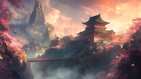 Golden sunset bathes a serene mountain temple village in light