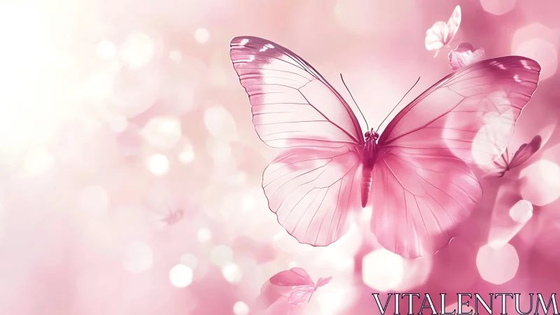 Delicate pink butterfly glows in dreamy bokeh light.