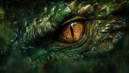 Golden dragon eye glows warmly within emerald scaled shadows