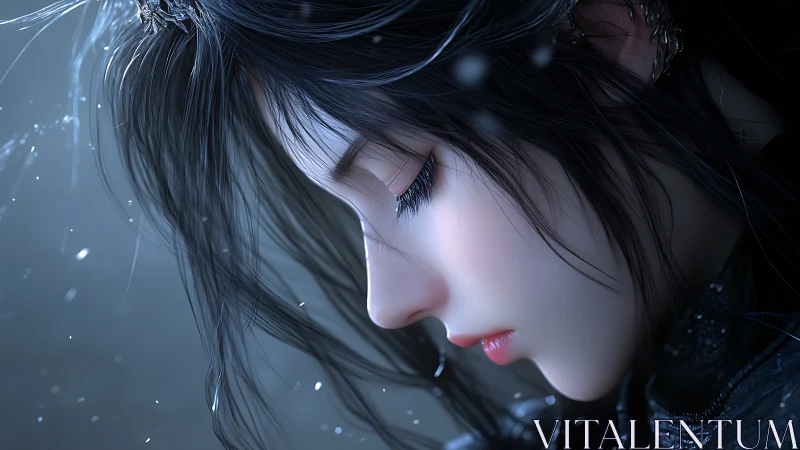 Snowlit profile of a moonsoft warrior lost in quiet storms.