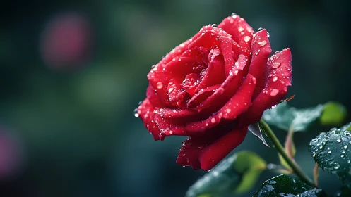 Red rose glistens with morning dew drops and rain