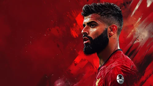 Digital portrait of footballer over bold red abstract field.