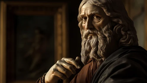 Stoic philosopher bust rendered in warm chiaroscuro light.