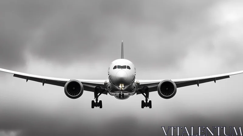 Passenger jet approaches camera head on with landing gear down