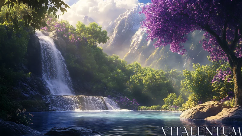 Sunlit alpine waterfall with violet canopy and reflective pool