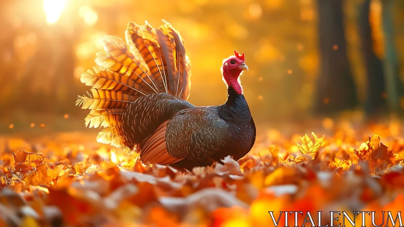 Wild Turkey Displaying Ornate Plumage in Autumnal Forest Environment.