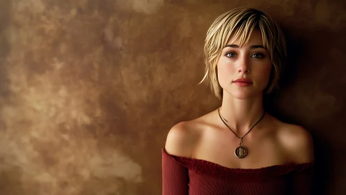 Young woman gazes calmly against warm textured wall