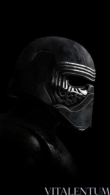 Dark armored figure in stark side profile against black void.