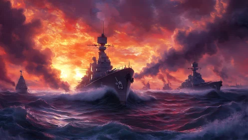Warships advance through storm-tossed sea under burning sky