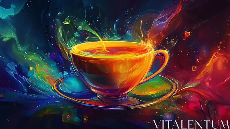Color-saturated teacup with swirling abstract liquid form.