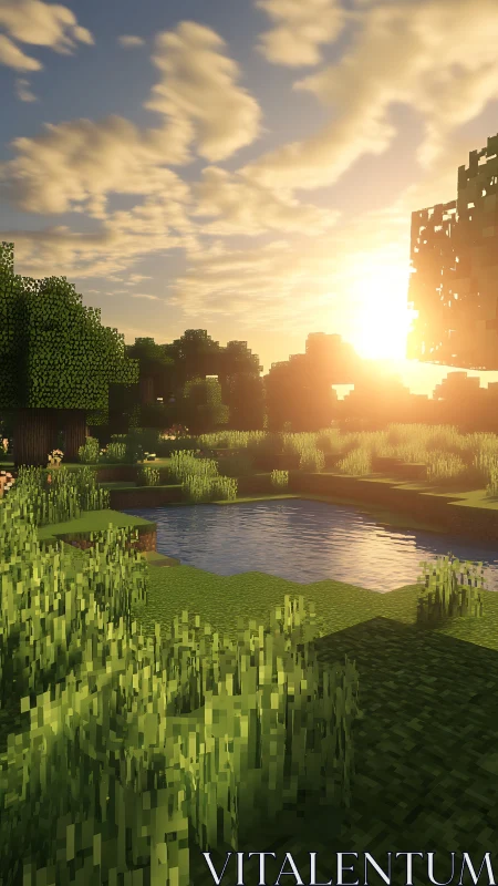 Voxel forest pond at golden hour with glowing sunlight.