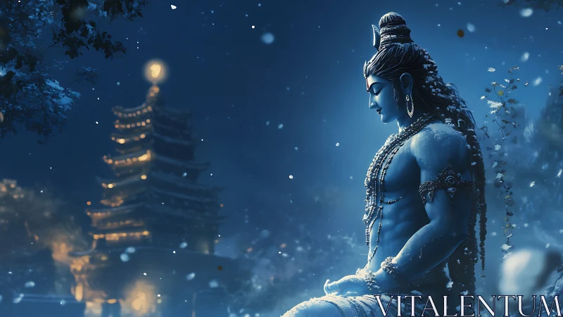 Moonlit blue deity rests in peaceful winter temple garden