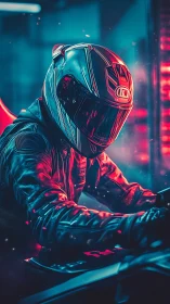 Neon lit biker grips futuristic controls inside cyber cockpit