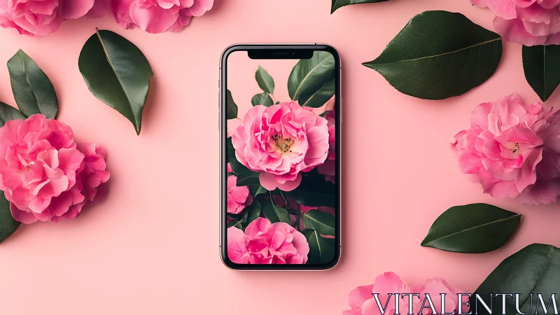 Pink peonies arranged around smartphone display mockup.