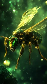 Luminous emerald insect drifting through a glowing dreamscape.