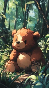 Digital painting of plush bear seated in luminous forest clearing.