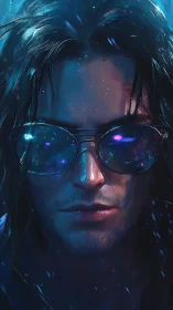 Long haired man with reflective glasses under blue neon light