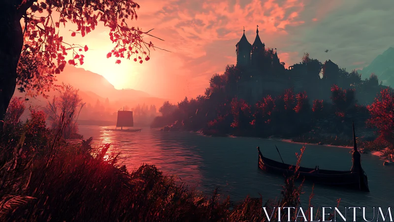 Sunset river with castle, sailboat and moored rowboat.