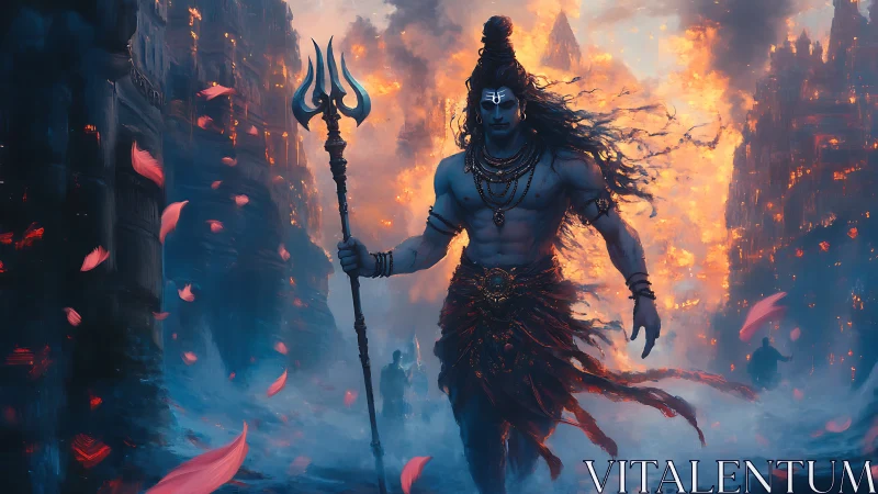 Powerful blue-skinned warrior with trident in burning city