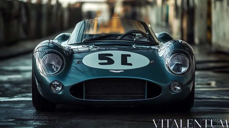 Front-view portrait of a vintage teal racing roadster in moody light