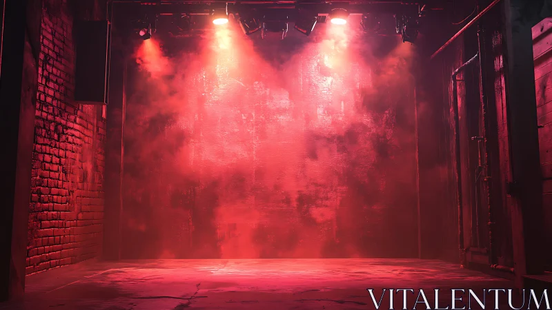Moody red-lit warehouse stage with atmospheric haze effects.