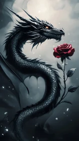 Ebony dragon curls around crimson rose in misted dusk